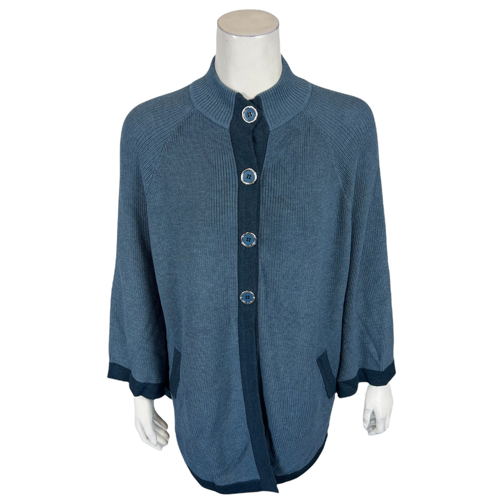 Laurie Felt Button Front Mock-Neck Poncho Sweater Top Blue Medium/Large Size